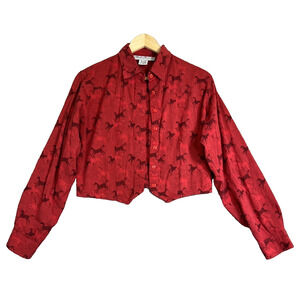 Vtg Adobe Rose Cropped Western Shirt Size Medium Red Horse Print Rodeo Cowgirl